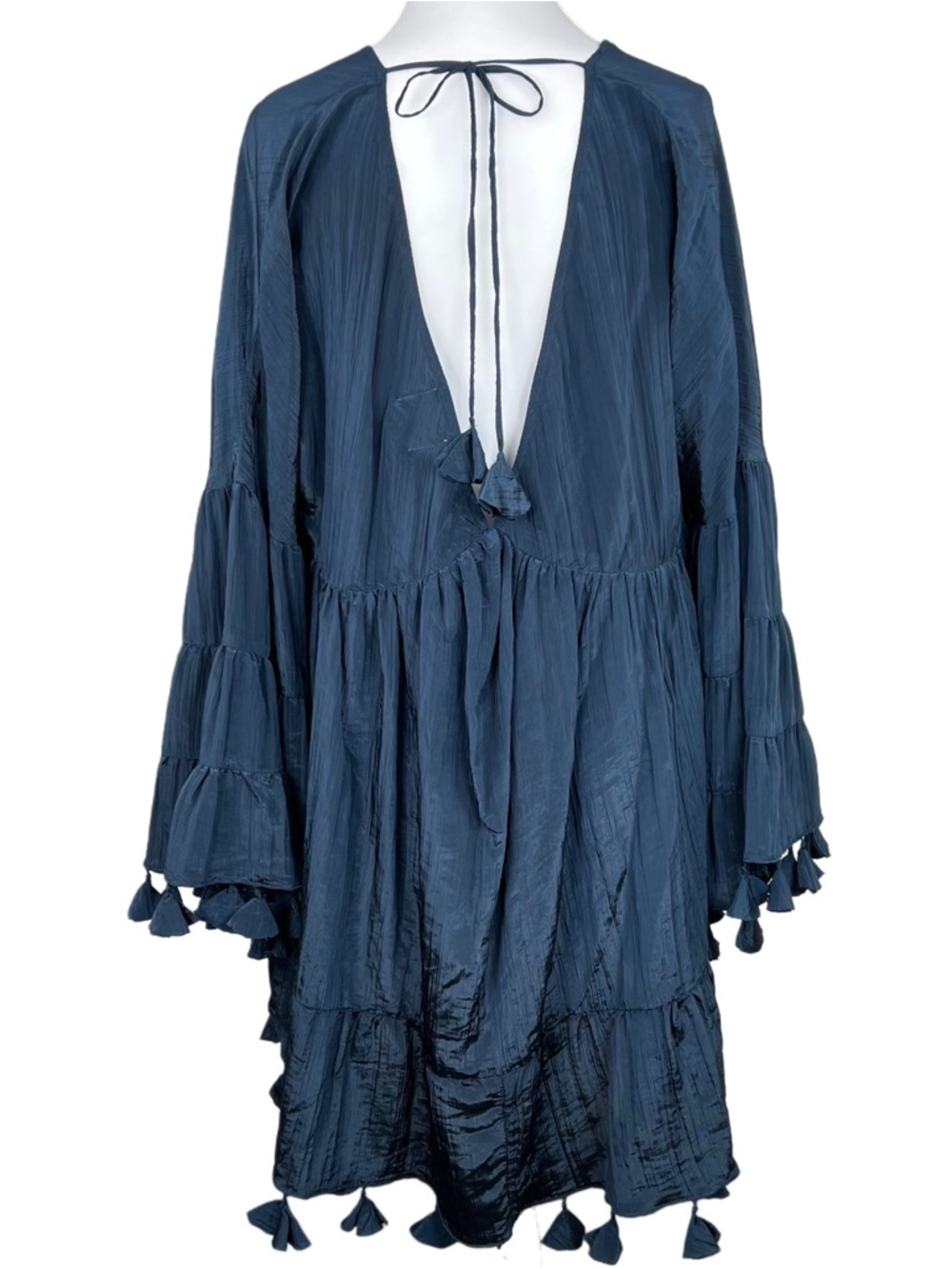 NWT MISA Los Angeles Mahtab Dress XS Navy Blue Tassel Boho Bell Sleeve Mini - Picture 4 of 8